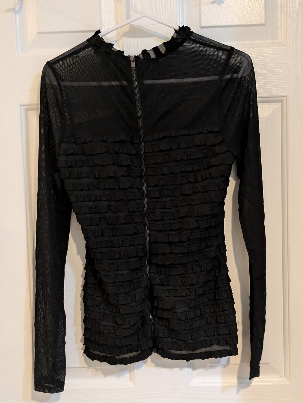 Black Ruffle Front Mesh Jacket - Women's